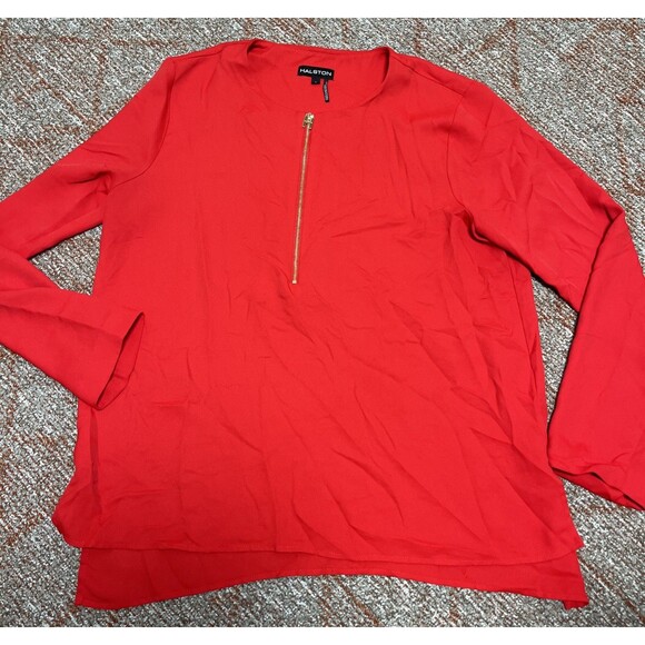 HALSTON Vintage Women's Tunic Top Front Zipper Long Sleeve Red Size Large - Picture 2 of 8